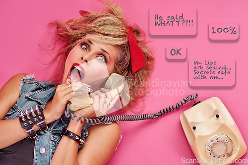 Image of Telephone, surprise and portrait of a woman in studio with speech bubbles and words for conversation. Phone call, shock and punk female model with wow, omg and wtf face expression by pink background.