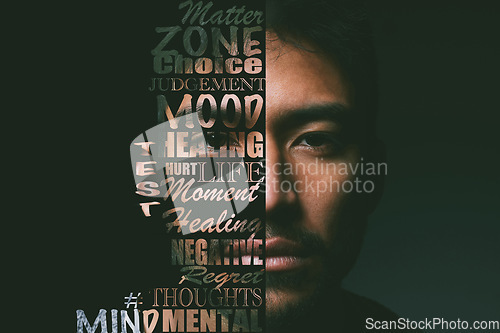 Image of Portrait, Asian man and letter collage overlay of serious face with strong text about mental health. Letter, strong and focus of emotion, power and motivation message with a studio background