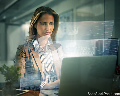 Image of Overlay, laptop and finance with a business woman accountant working on a ux interface in her office. Computer, accounting and stock market with a female trader at work on foreign exchange investment