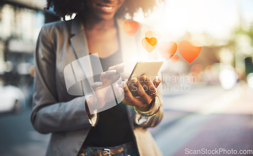 Image of Reaction, heart and business woman with a phone in the city for communication, chat and social media. Website, like and hands of a girl with a mobile in the street for online network with an emoji