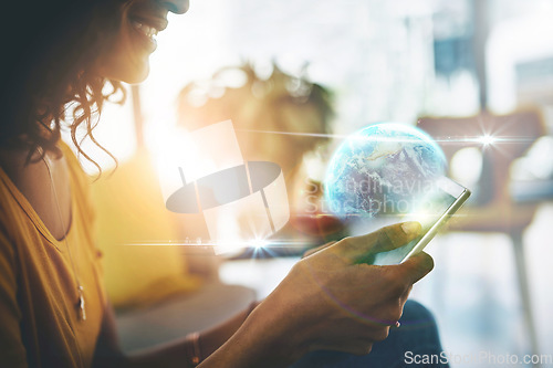 Image of Phone, globe and hologram with a black woman in her home, using an ai or ux interface to search the internet. Mobile, global and world with a female searching for information on a futuristic system