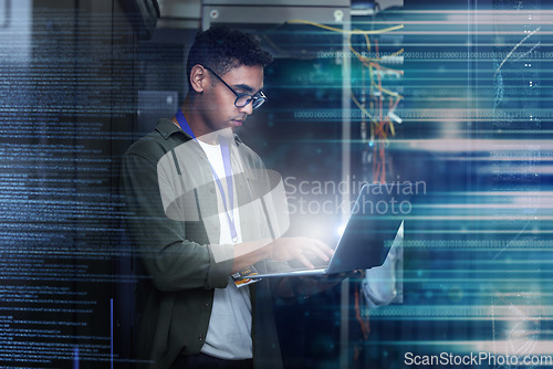 Image of Server room, laptop and man with date overlay for cyber security, programming and writing software code. Technician person or geek in data center for motherboard or firewall system assessment at work