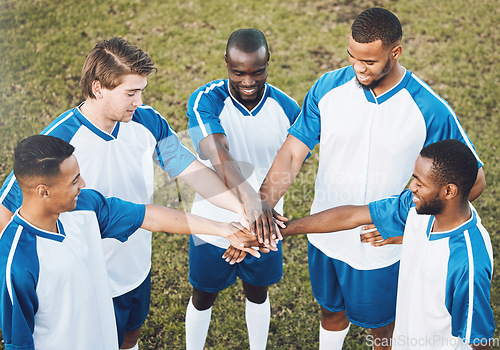 Image of Soccer, team and hands of men in support of sports, collaboration and game strategy at a field. Football, players and man group with hand huddle for fitness, motivation and training goal outdoors