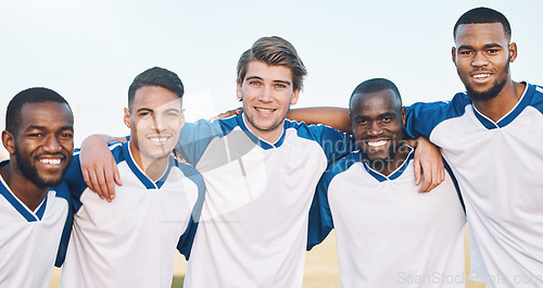 Image of Football portrait, teamwork and people support, mission and strategy for game, competition and training in diversity. Excited, happy and face of men hug together for workout, soccer or outdoor sports