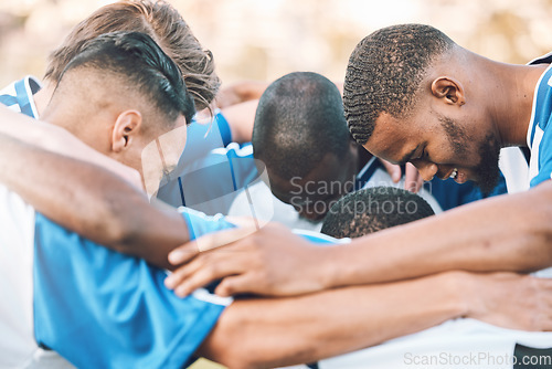 Image of Soccer, team motivation and men huddle at sports competition or game for teamwork on a field. Football group people together for support, trust and fitness with diversity for planning strategy