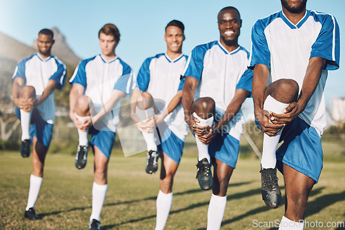 Image of Soccer men, team stretching and training for sports competition or game with teamwork on a field. Football group people doing warm up exercise or workout for performance and fitness goals on grass