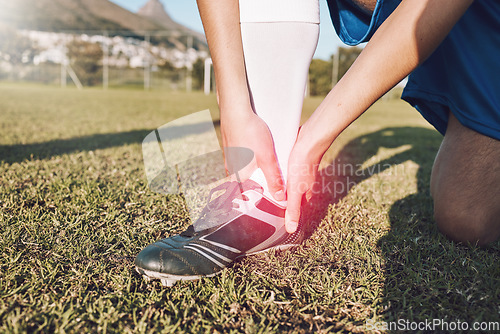 Image of Foot, red pain and hands of football player on field for medical emergency, risk or training problem on overlay. Feet, ankle or muscle injury of athlete on soccer pitch competition or game accident