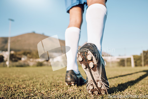 Image of Soccer player, shoes and start on field with sports and fitness outdoor, athlete legs and running in training session. Football, wellness and active lifestyle, professional sport man and team game