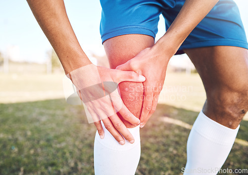 Image of Knee injury, red pain and hands on sports or football field for competition, training and exercise problem with overlay. Soccer, fitness and athlete person or man legs for medical emergency or risk