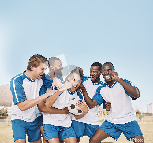 Image of Soccer, team portrait and men celebrate winning at sports competition or game with teamwork on field. Football champion group excited for celebration of goal, performance and fitness achievement