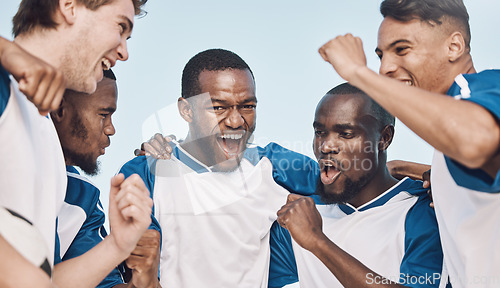 Image of Soccer, winning team and men celebrate at sports competition or game with teamwork outdoor. Football champion diversity group people in celebration for goal, performance and fitness achievement win