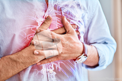 Image of Man with chest pain, injury or medical accident for heart attack, inflammation or sprain. Healthcare, medicare and male with sickness, problem or illness with a health risk or cardiovascular disease.