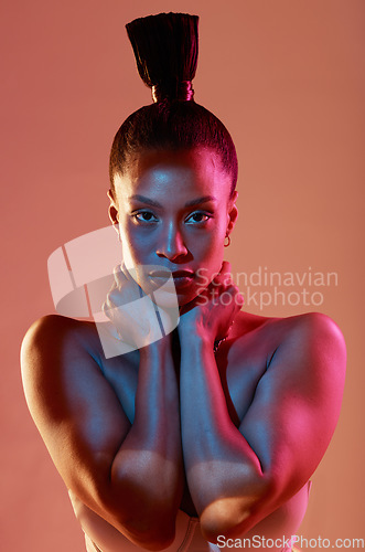 Image of Portrait, hair and kaleidoscope with a model black woman in studio on a neon background for beauty. Art, makeup and style with an attractive young female posing indoor for culture or cosmetics