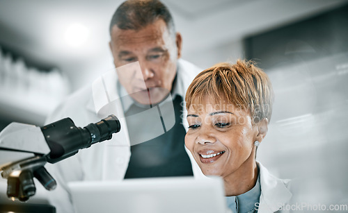 Image of Doctor, research or scientist people in science laboratory on DNA study, medical or medicine data analysis. Happy, healthcare teamwork or nurse for health, cancer innovation or virus test in hospital