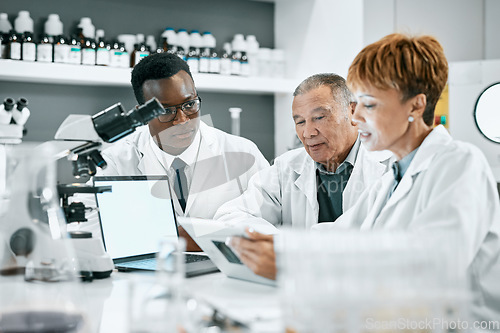 Image of Collaboration, doctor or scientist with tablet in science lab for DNA research, medical or medicine data analysis. Happy, health teamwork or nurse for healthcare, cancer innovation or virus study