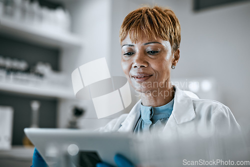 Image of Tablet, science and black woman in lab for research, medical report and experiment results. Medicine, healthcare and scientist with digital tech for analysis, biotechnology study and pharmaceuticals