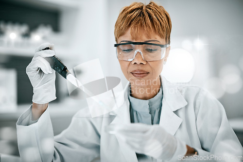 Image of Test tube, doctor or senior woman with vaccine in lab for research, planning or innovation medical DNA test. Healthcare science or elderly scientist on analysis or medicine wellness study in hospital