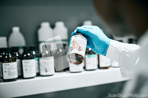 Image of Chemical, magnesium solution and chemistry worker hands in a laboratory for physics research. Medical lab, scientist and medicine experiment for biology, science and doctor test for education