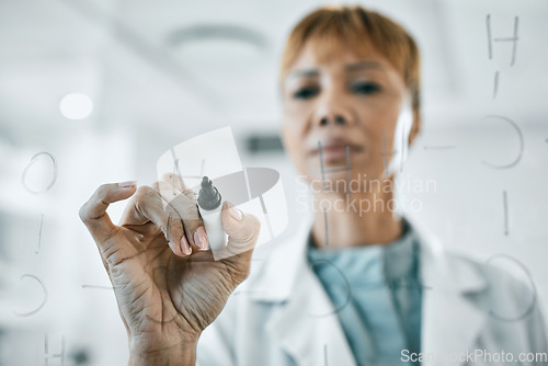 Image of Medical research, planning or elderly woman scientist writing on glass board, strategy working in laboratory for future medicine and innovation. Worker, doctor or employee thinking of futuristic idea