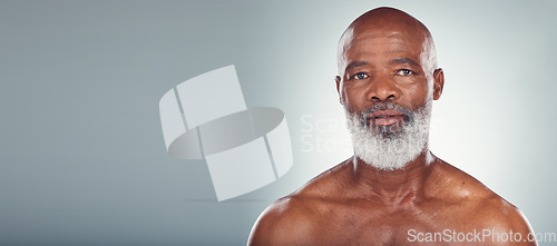 Image of Grooming, skincare mockup and portrait of black man in studio for wellness, dermatology and healthy skin. Beauty products, advertising and face of senior male with copy space for facial treatment