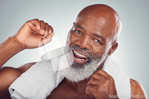 Image of Floss, teeth and portrait of black man isolated on white background for senior mouth cleaning, smile or beauty. African model or elderly person with product in tooth, gum or dentist healthcare mockup