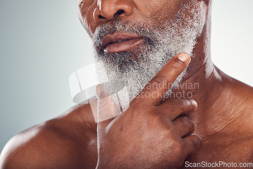 Image of Hand, beard and skin with a senior black man grooming in studio on a gray background for beauty or skincare. Face, hygiene and cosmetics with a mature male indoor to promote facial hair maintenance