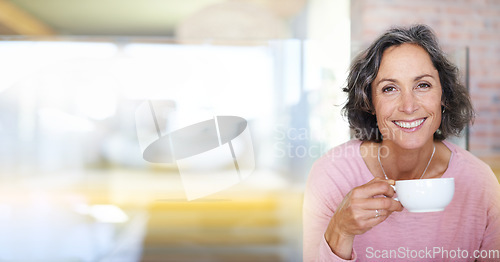 Image of Portrait, mockup and senior woman drinking coffee or tea in the morning happy, relax and smiling in cafe. Elderly, old and female enjoying an espresso on retirement feeling calm and confident