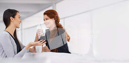 Image of Women friends, coffee date and communication with chat at cafe or cafeteria, gossip and catch up with mockup space. Talk, bonding and spending quality time together, friendship and relax with drink