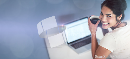 Image of Coffee, portrait and business woman with laptop in studio isolated on a bokeh background mockup. Tea, computer and face of happy female worker with refreshing beverage, caffeine or espresso on break