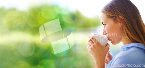 Image of Window, drinking coffee and woman thinking, relax and daydreaming for happiness, chilling and on break. Glass, female and lady with tea, cheerful and natural light with focus, ideas and thoughtful