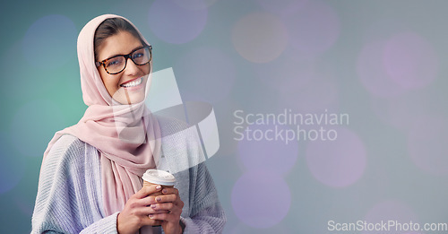 Image of Coffee, face portrait and muslim woman in studio isolated on a bokeh background mockup. Tea, mock up or happy Islamic female worker holding refreshing beverage, caffeine or espresso on break to relax