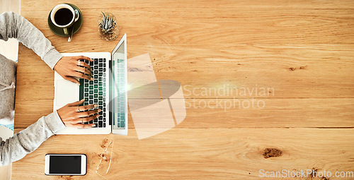 Image of Laptop, coffee shop and top view of hands typing email, report or proposal on table mockup. Freelancer, remote worker and female in cafe or restaurant with computer for writing or working remotely.