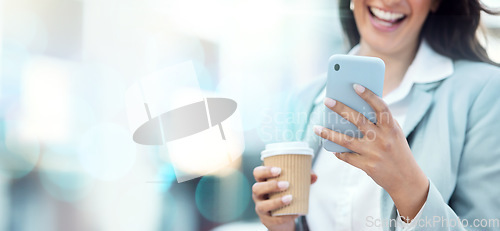 Image of Coffee, phone and hands of business woman on social media, texting or web scrolling on bokeh background. Tea, smartphone and female employee with mobile laughing at funny meme while internet browsing