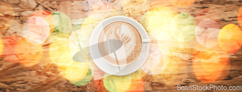 Image of Flare, above and coffee on a table at a cafe for breakfast, lunch or morning energy at a restaurant. Drink, diner and latte, espresso or cappuccino at a coffee shop for peace, calm and caffeine