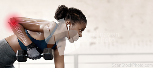 Image of Bone overlay, dumbbell and black woman doing weight training with mockup outdoor with joint pain. Arm joints inflammation, athlete exercise and sports workout of a female with music and mock up