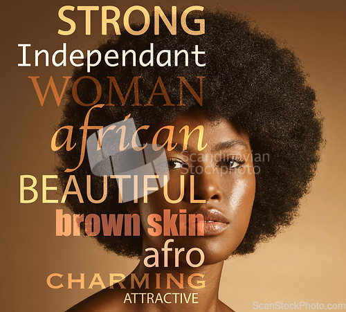Image of Black woman, face and portrait, quote and motivation, inspiration for self care and afro hair, skin and skincare beauty. Glow, cosmetic and dermatology, quotation overlay with motivational poster