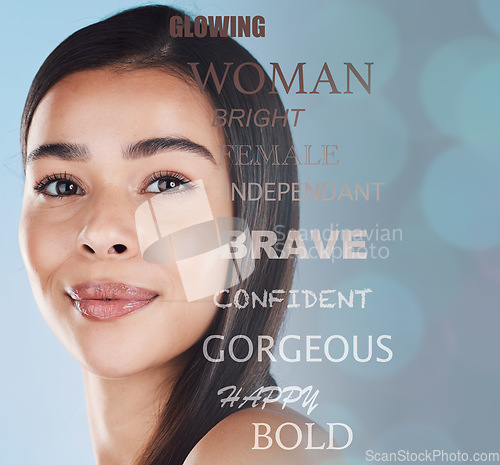 Image of Beauty, portrait and woman in a studio with words for motivation, confidence and self love. Cosmetic, makeup and young female model from Brazil with a affirmation text overlay by a blue background.