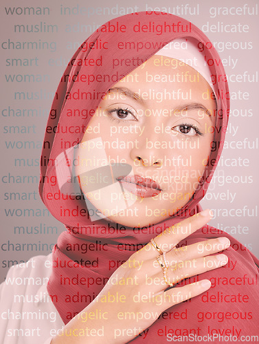 Image of Woman, studio portrait and text overlay for islamic beauty, wellness and cosmetics with gold, ring and jewellery. Muslim model, hijab and motivation with aesthetic, makeup and fashion by background