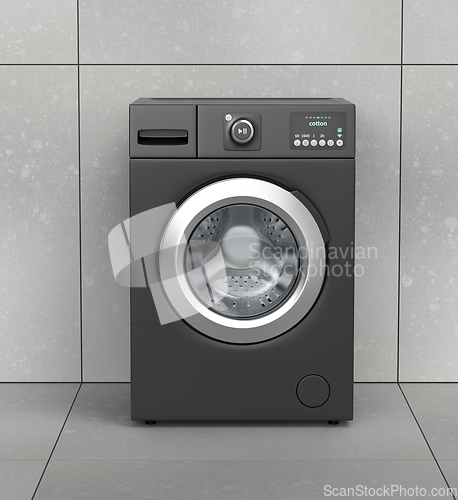 Image of Black washing machine in laundry room
