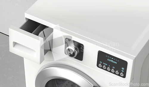 Image of Washing machine with open detergent drawer
