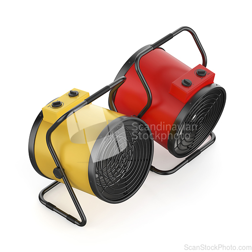 Image of Yellow and red industrial electric fan heaters