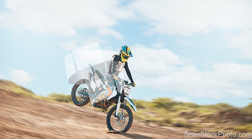 Image of Motorcross, offroad driving and sports on sky for freedom. Driver, cycling and power on dirt track, motorcycle competition and motorbike performance on adventure course, fast action show and speed