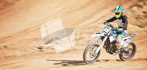 Image of Motorbike, motorcross and speed on dunes with power, mockup and desert sports. Driver, motorcycle and travel on dirt track, sand and driving on adventure course for fast action, freedom and cycling