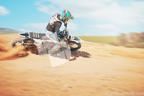 Image of Motorcross, offroad trail and sports for freedom, action or fearless driving. Driver, cycling man and power on dirt track, motorcycle competition and motorbike performance on sand adventure course