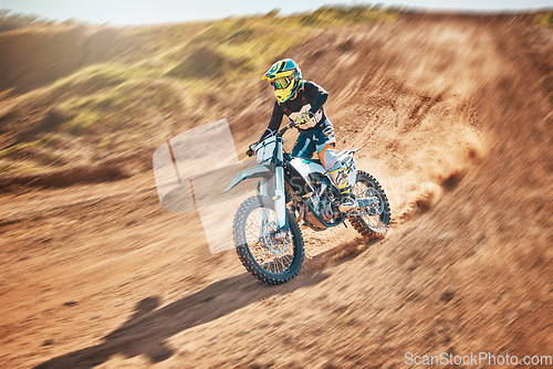 Image of Sport, motorcycle and person driving in a desert for fitness, training and extreme sports in nature. Biking, motorbike and athletic practice stunt, speed and adrenaline in sand, exercise and freedom