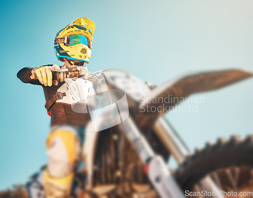 Image of Motorbike, sports gear and man on blue sky mockup for challenge, race and rally. Driver, bike and ready for motorcross competition, performance and action of fearless adventure, power and start show