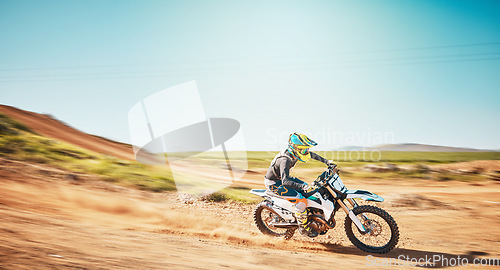 Image of Motorbike, motorsports and speed on dunes with power, sky mockup and offroad path. Driver, motorcycle and travel on dirt track, sand and adventure course for fast action, freedom or rally performance