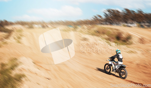 Image of Sports, fitness and person with motorcycle, speed and action with power in desert, race or rally with athlete outdoor. Dirt bike, exercise and extreme sport mockup, freedom and adventure with travel