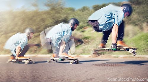 Image of Skateboard, sports and man with speed in action on road ready for adventure, freedom and exercise on mountain. Friendship, skateboarding sequence and skater with board for motion, skating and fitness