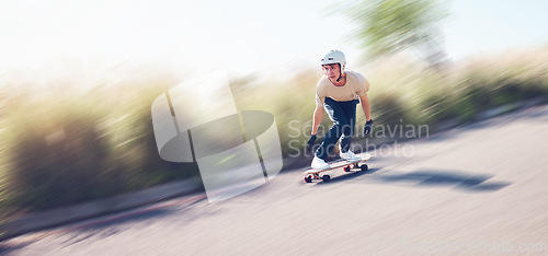 Image of Motion blur, skating and mockup with a sports man training outdoor on an asphalt street at speed. Skateboard, fast and mock up with a male skater on a road for fun, freedom or balance outside